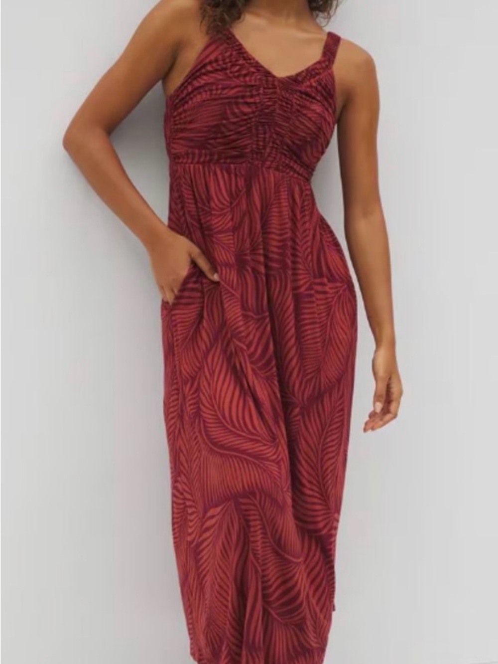 Soma Burgundy Leaf-Print Bra-Top Maxi Dress
